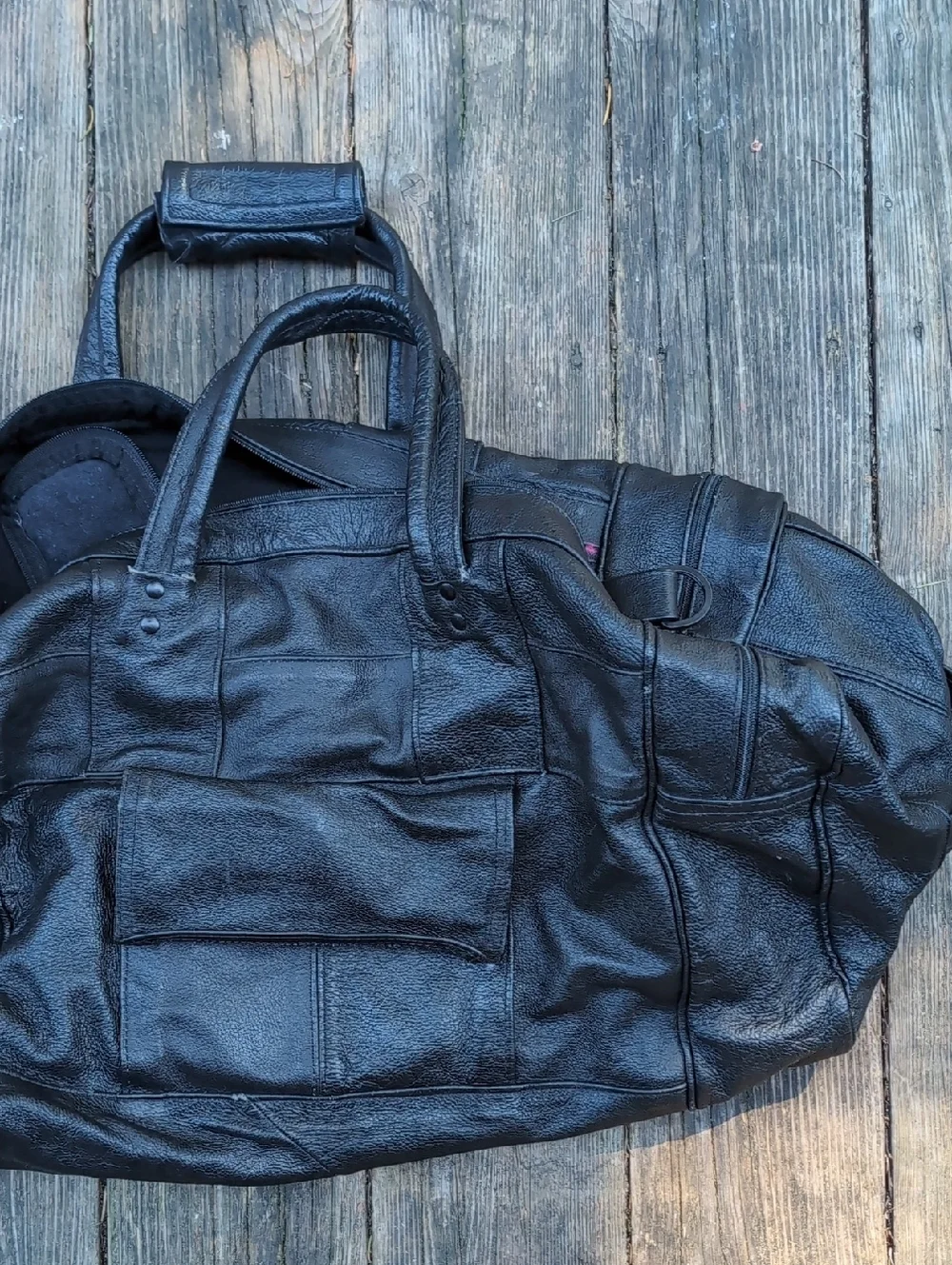Vintage Black Leather Heavy Duty Duffel Tote Bag